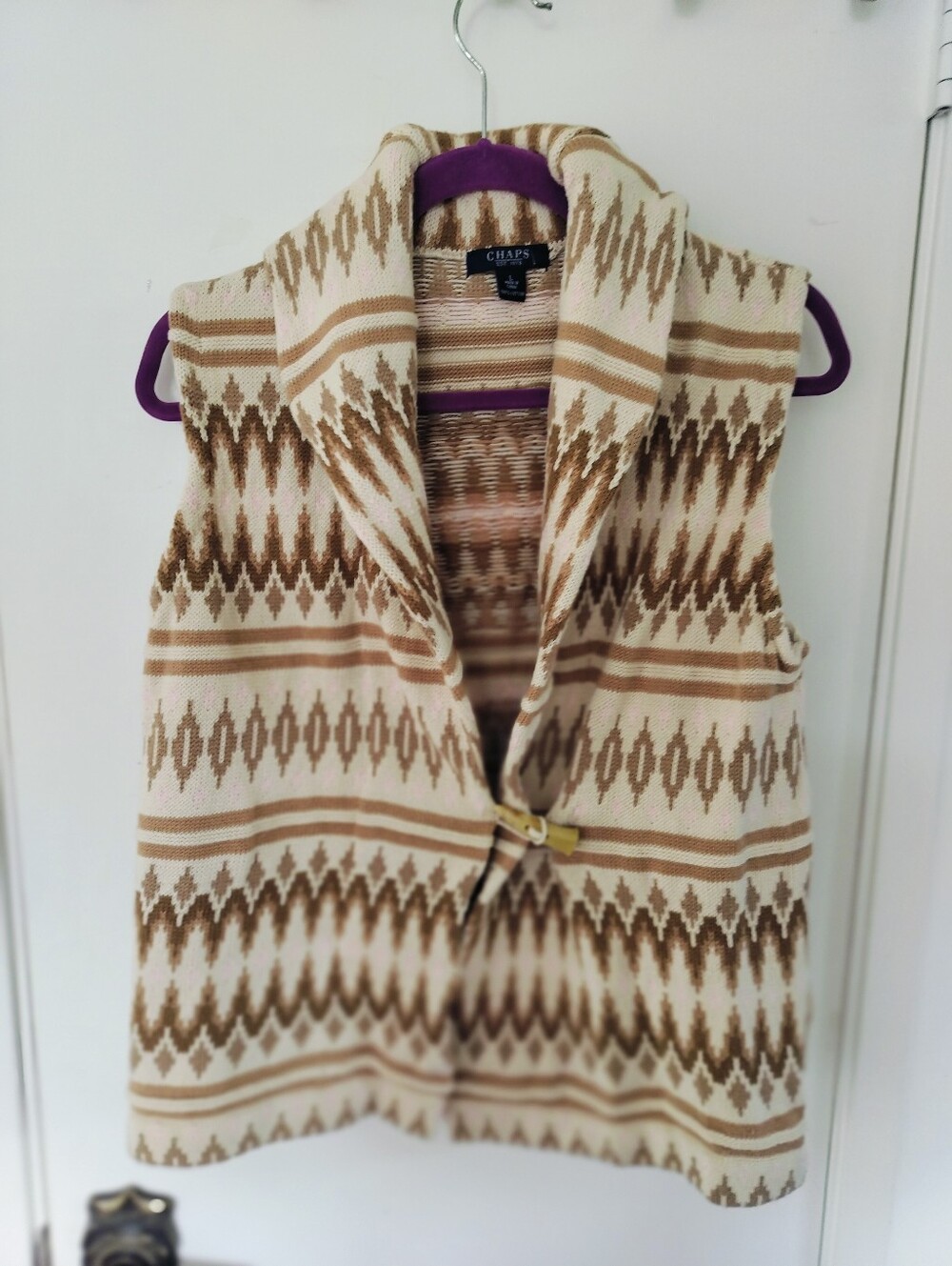 Chaps Southwestern Knit Sweater Vest Shawl Collar Toggle Cotton Neutral L